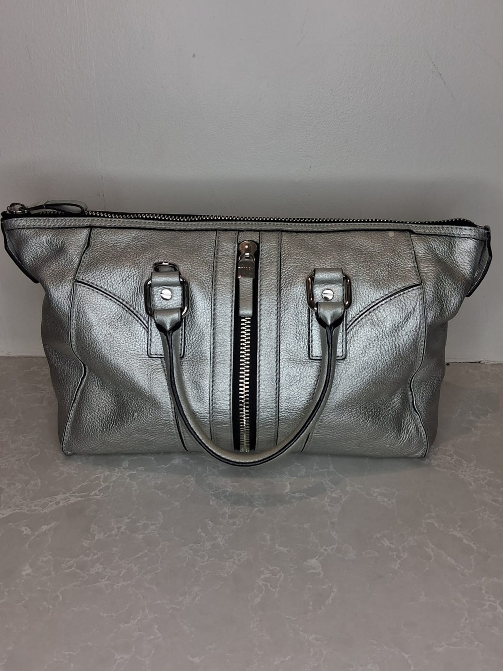Milly Jayden Metallic Silver Leather Zip Satchel Handbag Large Hobo Tote Bag
